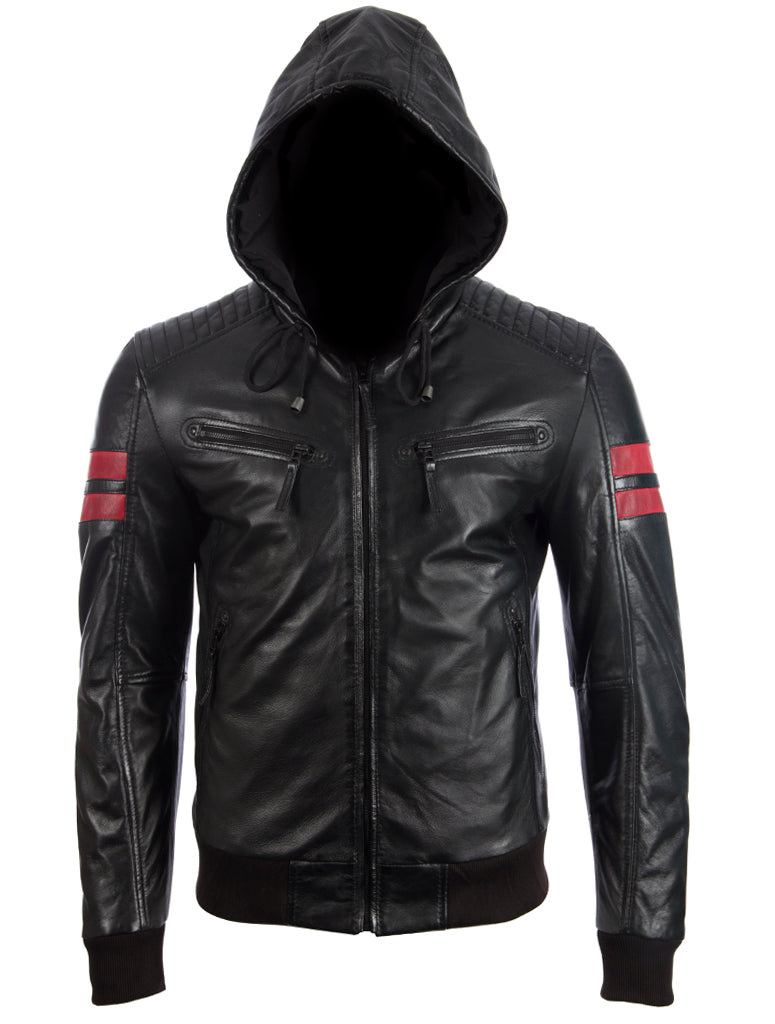 Mens Red Hooded Genuine Leather Jacket