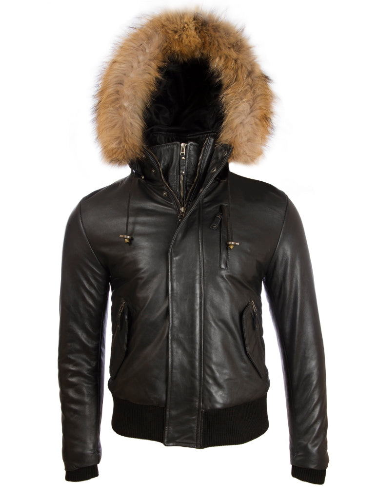 QS6C Men’s Fur Hood Bomber - Black