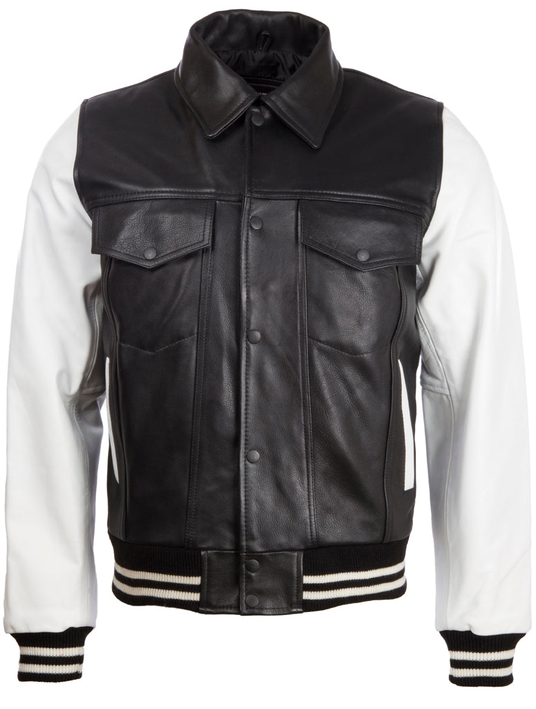 Z2TB Men's Trucker Cow Leather Jacket - Black/White