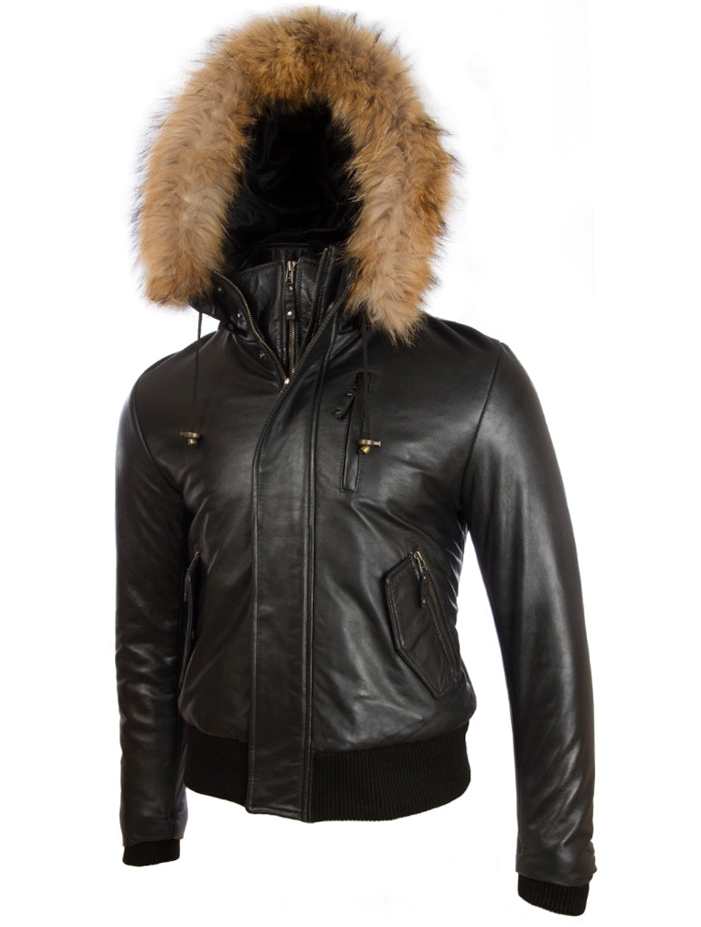 QS6C Men’s Fur Hood Bomber - Black