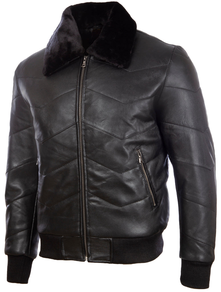 MC9P Men's Quilt Puffer Fur Aviator Bomber Jacket - Black