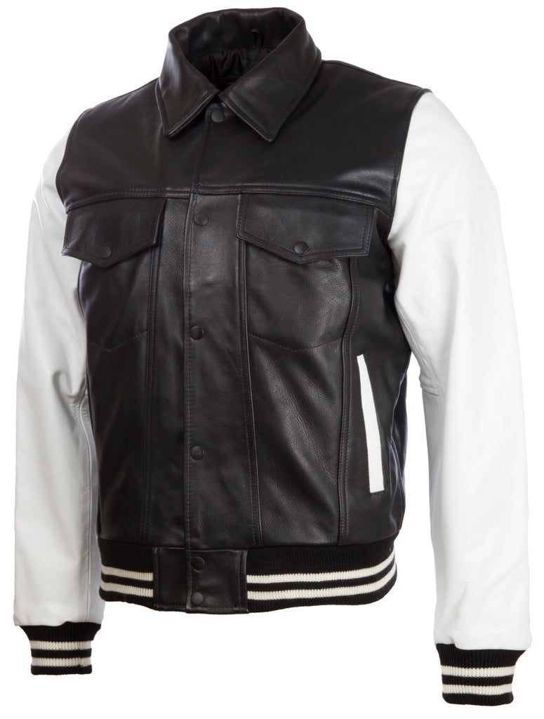 Z2TB Men's Trucker Cow Leather Jacket - Black/White