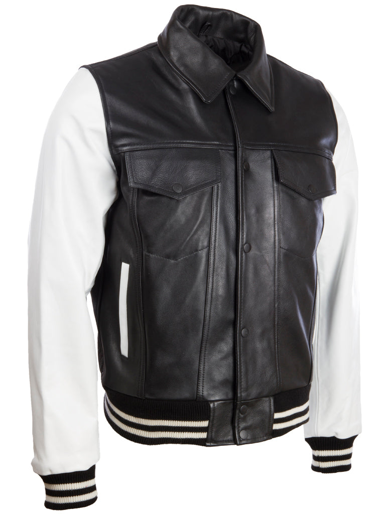 Z2TB Men's Trucker Cow Leather Jacket - Black/White