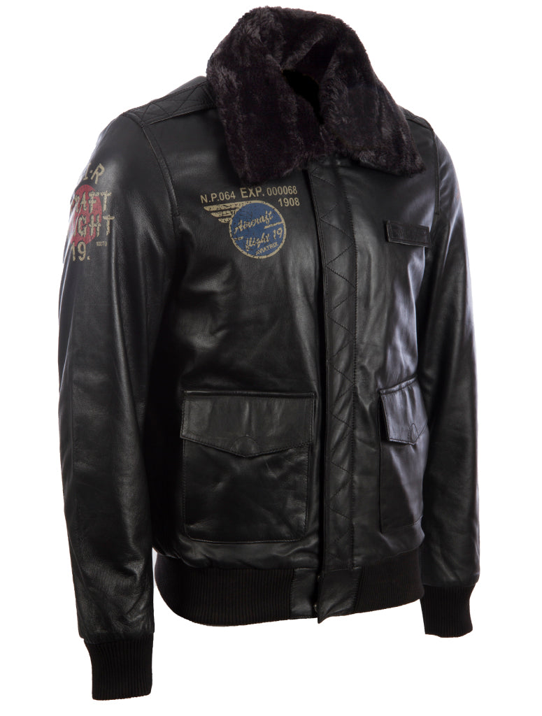 VGS3 Men's Aviator Bomber Jacket - Black/Black Fur