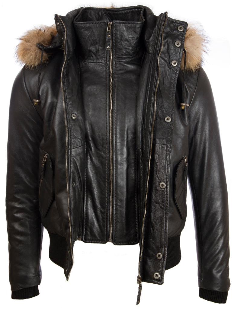 QS6C Men’s Fur Hood Bomber - Black