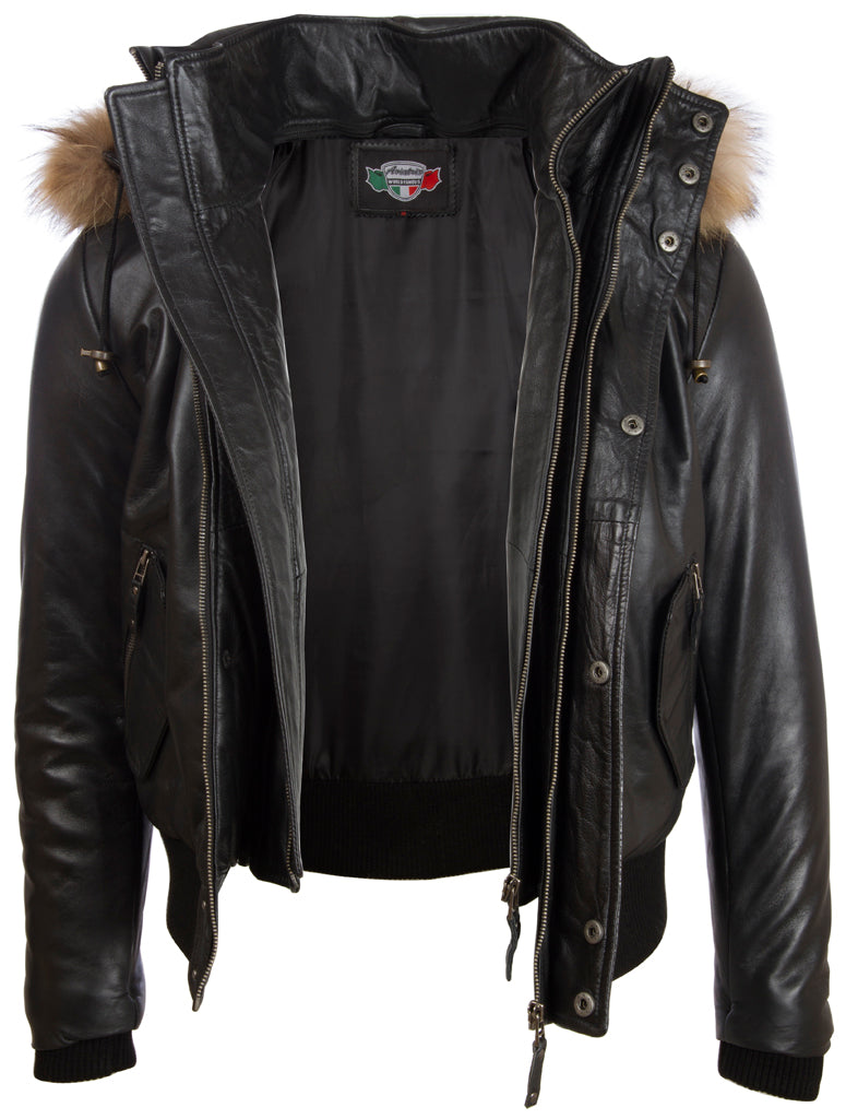 QS6C Men’s Fur Hood Bomber - Black